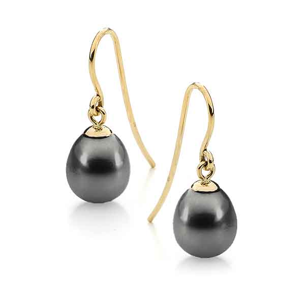 Black Drop Freshwater Pearl Shepherd Hook Earrings 9ct Yellow Gold