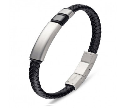 Plaited Black Leather Bracelet with ID Bar